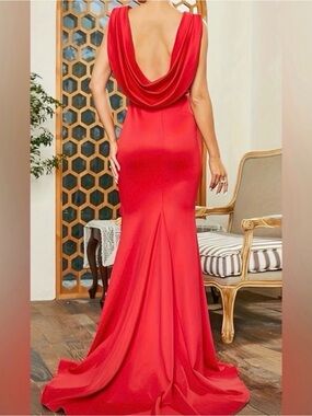 Elegant Red Draped-Back Evening Gown